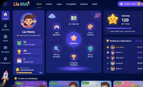 Painel do Draco Kids com avatar infantil, estrelas de progresso e ranking de exploradores.