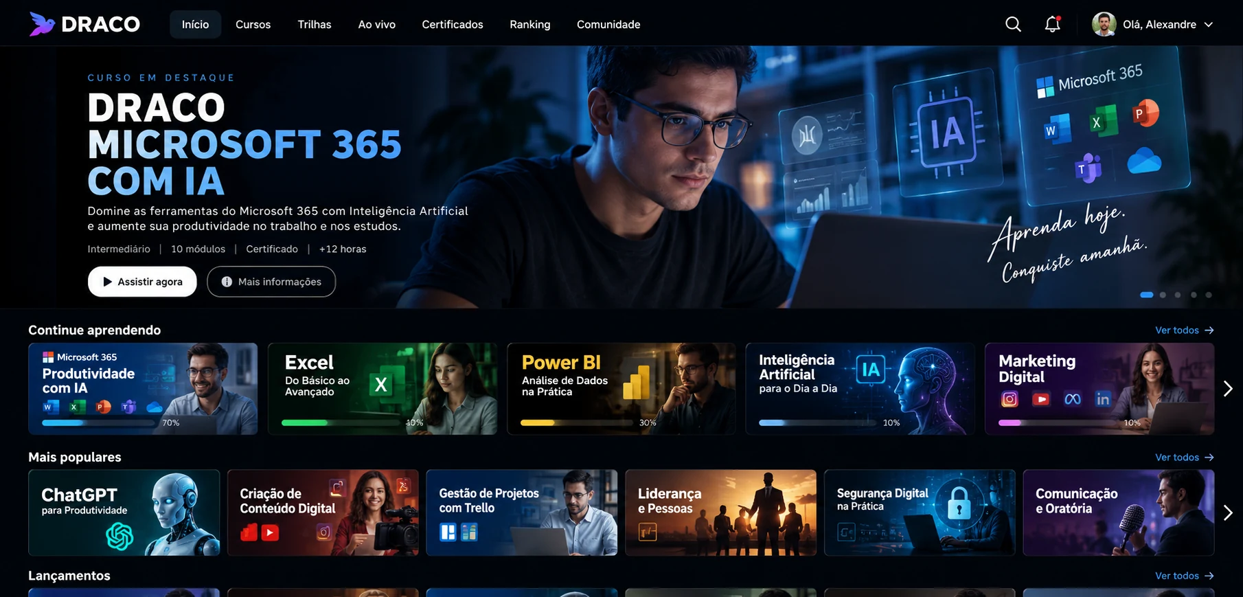 Vitrine do Draco Streaming com curso em destaque e trilhas de cursos por categoria.